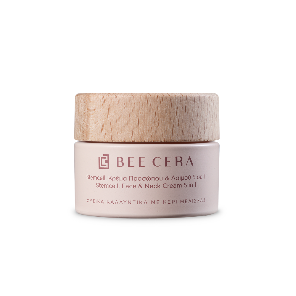 Κρέμα προσώπου, λαιμού και ματιών, 5 σε 1, με φυτικά βλαστοκύταρα εντελβάϊς και μωβ μαργαρίτας. Συσφίγγει το χαλαρό δέρμα του λαιμού, ανασηκώνει τα ζυγωματικά, εξομαλύνει τις ρυτίδες στο πόδι της χήνας και προστατεύει από το οξειδωτικό στρες (ατμοσφαιρική ρύπανση, ακτινοβολία UV).