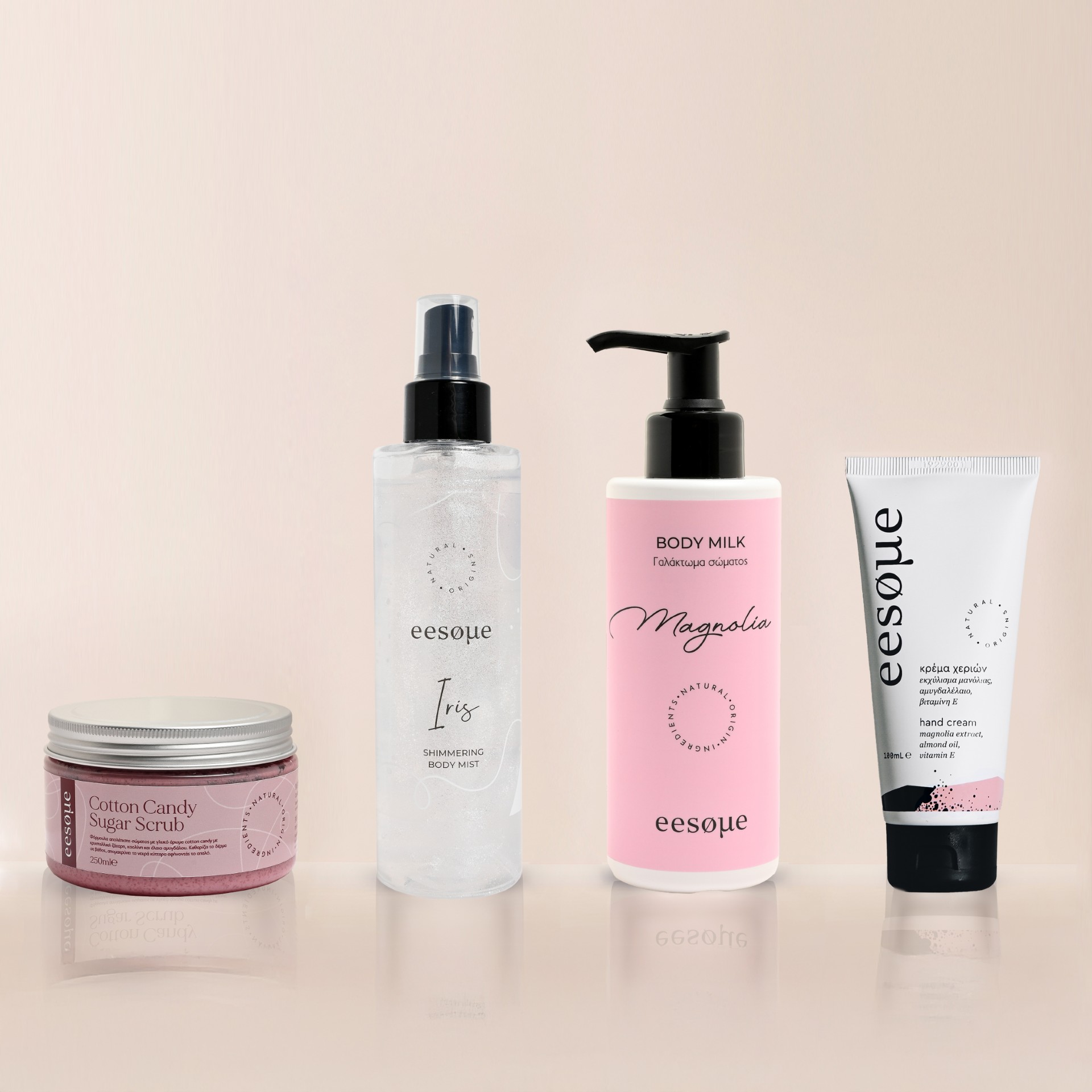 Σετ 4 προϊόντων To σετ Body Treatment περιλαμβάνει: Cotton Candy Sugar Scrub Σώματος Γαλάκτωμα σώματος με Μανόλια Body Mist Iris Ενυδατική Κρέμα Χεριών